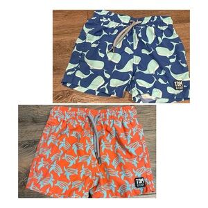 Tom & Teddy Boys' Swim Trunks — Navy with Whales & Orange with Turtles